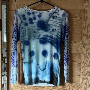 Blue Abstract Print Long-Sleeve Women's Blouse
